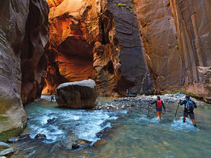 C’est en marchant dans l’eau au fond d’un étroit canyon qu’on découvre les «narrows» de la Virgin River, dans le Parc national de Zion.