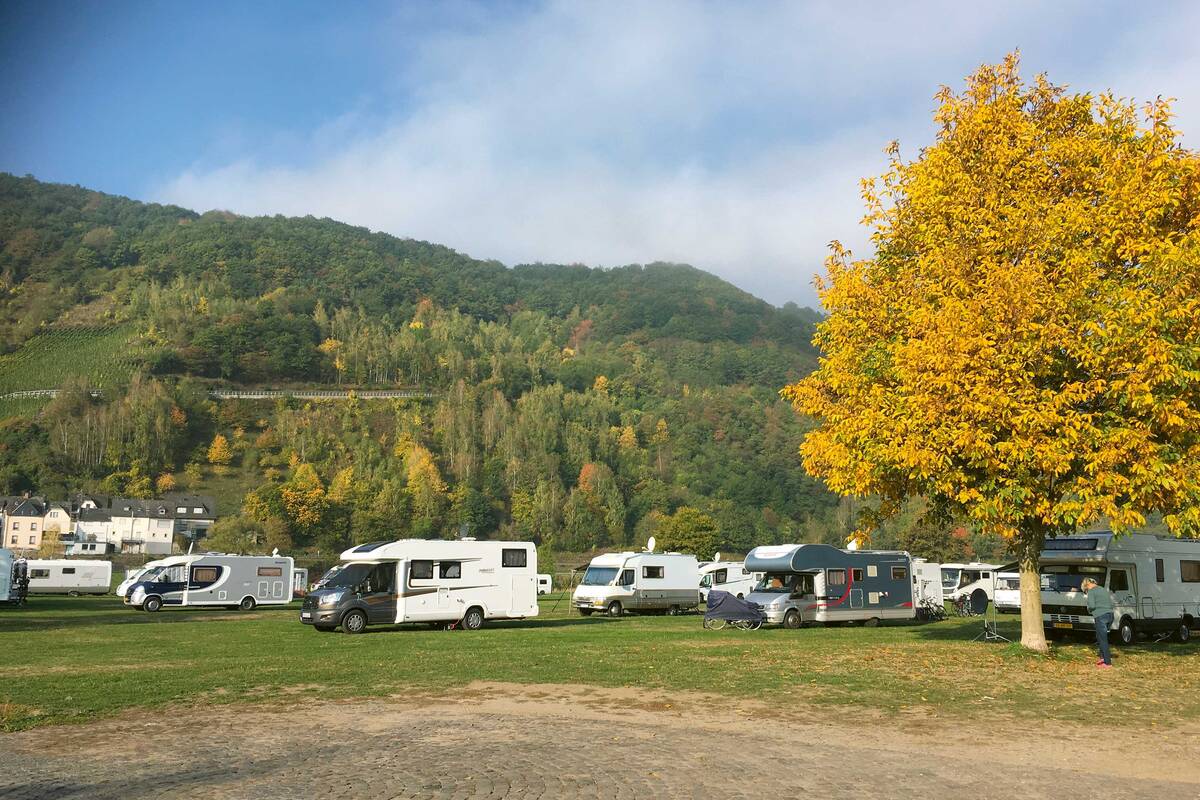 Die Uferzonen der Mosel dürfen an vielen Stellen aus Hochwasserschutz-gründen nicht bebaut werden. Ein Glück für die Camper, dass diese Gebiete oftmals für wunderschöne Stellplätze genutzt werden.