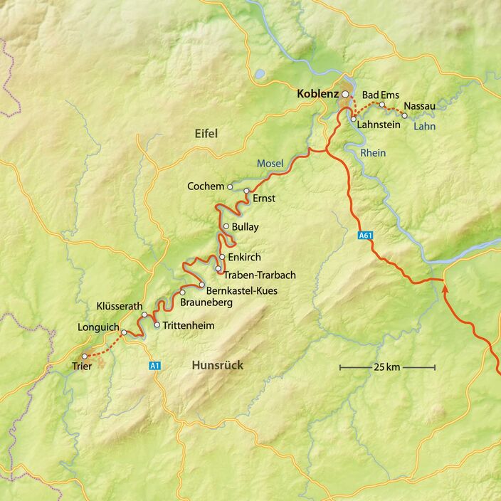 Route entlang der Mosel.