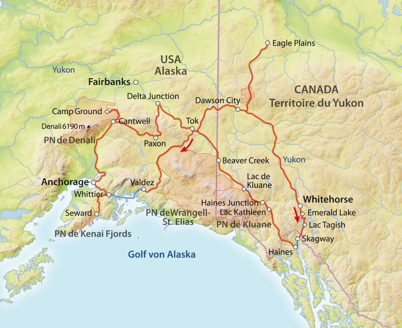 Itinéraire: Yukon und Alaska.