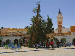 Sur la place du marché, avec vue sur l’une des nombreuses mosquées de Douz, nous découvrons la vie quotidienne tunisienne.